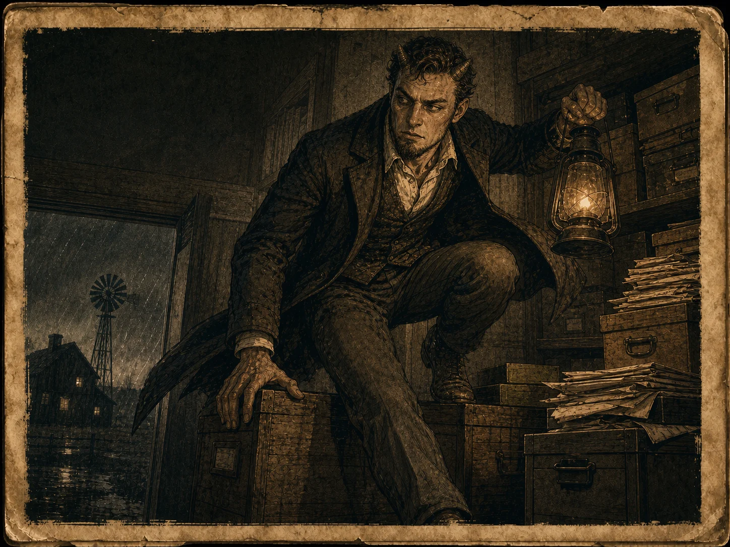 Illustrated Leng Hybrid springing down from stacked evidence crates with a lantern and horn-like forehead bumps.
