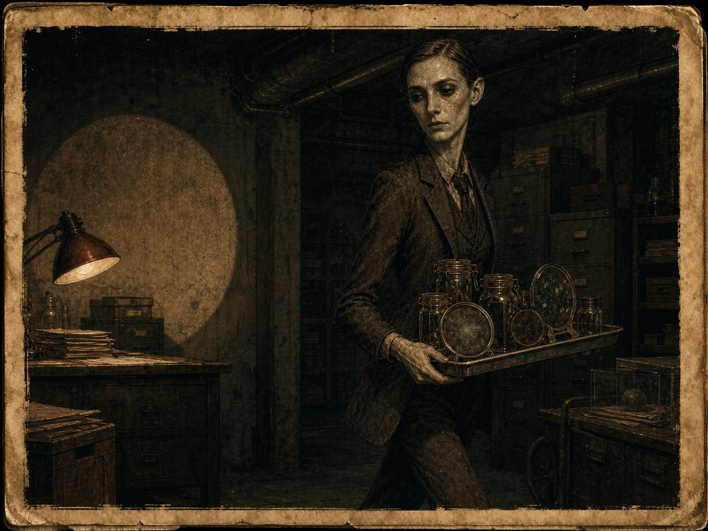 Illustrated Mi-Go Hybrid carrying circular glass evidence through a dim basement archive.
