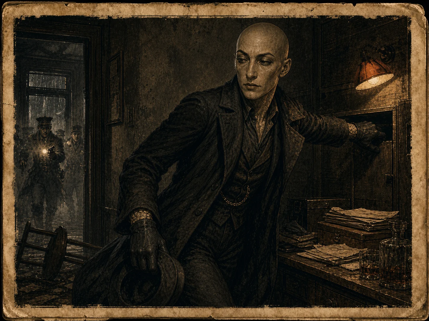 Illustrated Saurian Hybrid slipping through a political club back room during a police raid.
