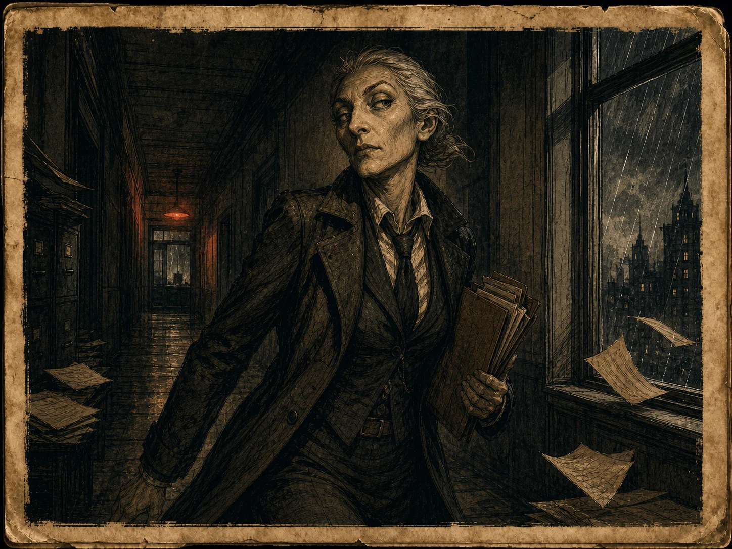 Illustrated Tindalos Hybrid detective moving through an angular precinct hallway with gray hair and a hunter's profile.
